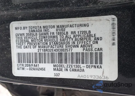 2003 Toyota Corolla Le z USA, uszkodzony, nr VIN 2T1BR32E43C002577